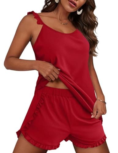 JUSTFASHIONNOW Shorts Pajama Set for Women Ruffle Cami Set Summer Two Piece Sets Cute Pjs Soft Lingerie Casual Tank Top Elastic Waist Split Shorts Sexy Camisole Lounge Set (Red, Medium) - Thumbnail 2