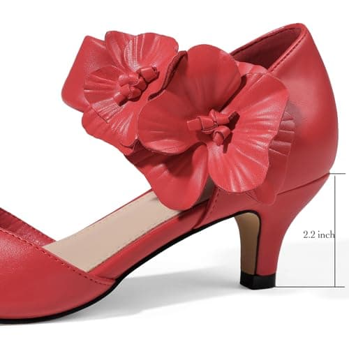 COMFITORIA Womens Low Kitten Heels Closed Pointed Toe Slip on Pumps Ankle Strap Heels Sexy Elegant Bridal Party Dressy Shoes, Red pu, Size 7 - Thumbnail 5