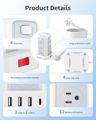 Power Strip Surge Protector, 6.5 Ft Extension Cord with 12 AC Multiple Outlets 4 USB (1 USB C), SMALLRT Power Tower Desktop Charging Station - Thumbnail 3