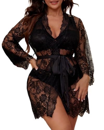 FANCMISTERY Plus Size Lingerie for Curvy Women 3 Piece Sleepwear with Lace Kimono Sexy Robe Lingerie Sets for Women (US, Alpha, 4X-Large, Regular, Regular, black) - Image 1