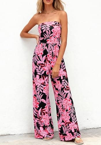 BTFBM Jumpsuits For Women Casual 2026 Floral Strapless Jumpsuit Wide Leg Rompers Beach Vacation Clothes Summer Outfits(Floral Black Pink, Large) - Thumbnail 2