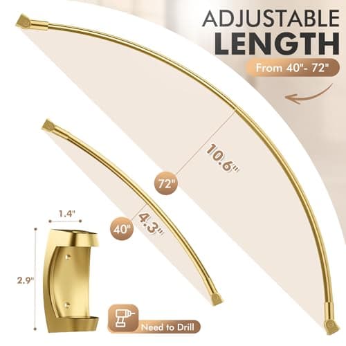 Curved Shower Curtain Rod for Bathroom, 40-72 Inches Adjustable Curved Shower Rod, 0.9MM Aluminum Rustproof Shower Curtain Rod with Rotating Brackets for Extra Shower Space, Need to Drill, Gold - Thumbnail 4