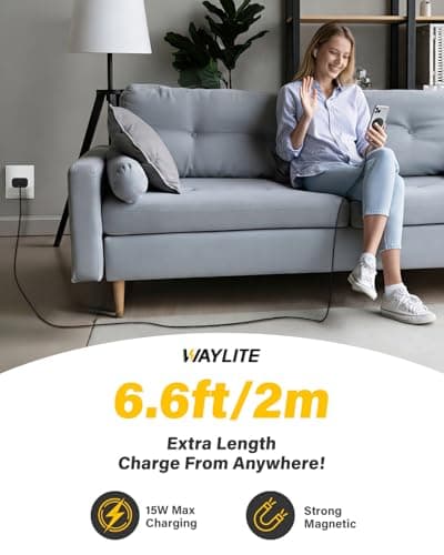 6FT Magnetic Wireless Charger Charging Pad - 15W Fast Phone Charger Puck for Apple iPhone 17 16 15 14 13 12 Series & AirPods 4 3 2 Pro, Phone Charging Pad with Plug for Desk & Travel, 2Pack Black - Thumbnail 6