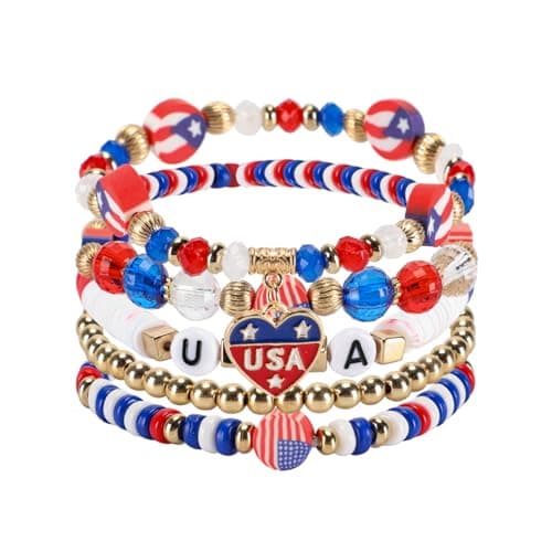 4th of July Bracelets, USA Flag Stars Stripes Stretch Bracelets for Women Teens, Red White and Blue Accessories Jewelry Gift for Patriotic Party - Image 1