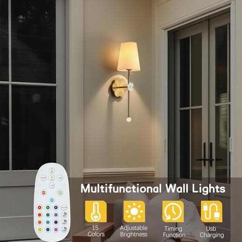 MHSNL Battery Operated Wall Sconces,Crystal Plum Blossom Decor Rechargeable Wall Lights with Detachable and Remote Cordless Wall Sconce Indoor for Bedroom Living Room Hallway Stairs Gold 1 Pack - Thumbnail 2