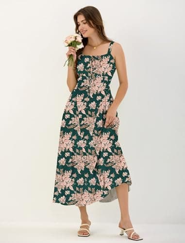 ZAFUL Women's Floral Corset Dress Spaghetti Strap Fit and Flare Flowy Midi Sundress with Pockets Dark Green S - Thumbnail 4