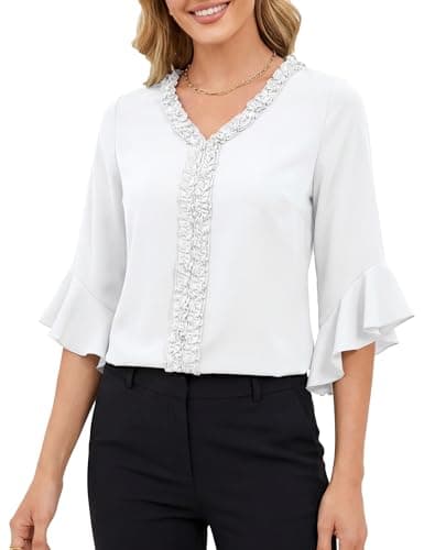 Blooming Jelly Womens Dressy Casual Blouses 3/4 Length Bell Sleeve V Neck Ruffle Tops Ladies Trendy Summer 2026 Fashion Business Work Shirt (Small, White) - Image 1