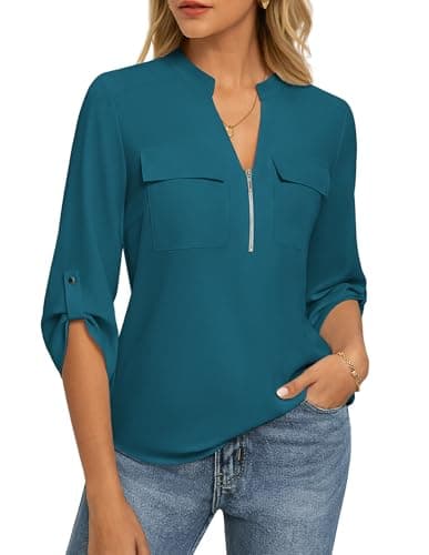 Womens Business Casual Tops,3/4 Sleeve Henley Shirts with Zip Up,Office Work Blouses Lightweight Summer Peacock Blue S - Image 1