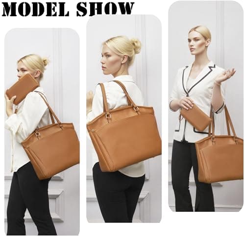 YZAOLL 15.6 Inch Laptop Tote Bag for Women,Water-resistant Vegan Leather with Anti-Scratch Padded Sleeve,Lightweight Multi-Pocket Work Bag for Business Travel,College,Office Essentials,Brown - Thumbnail 3