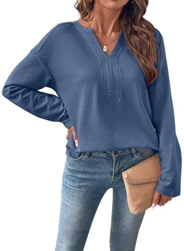 SHEWIN Oversized Sweatshirt for Women Casual V Neck Long Sleeve Sweatshirts Fall Fashion 2025 Tops for Women Trendy Blue XX-Large - Image 1