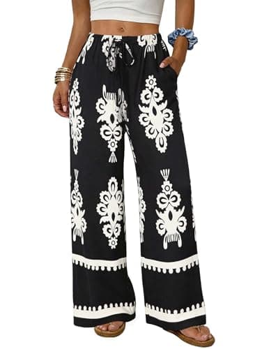 Women's Wide Leg Palazzo Pants Summer Boho Floral Trousers Summer Flowy Beach Vacation Pant Resort Wear Black White S - Image 1