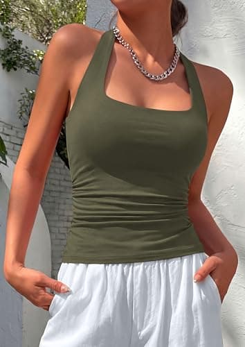 PRETTYGARDEN Women's Summer Halter Tank Tops 2026 Y2K Sleeveless Slim Fitted Backless Shirts Going Out Spring Workout Clothes (Army Green,Medium) - Thumbnail 2