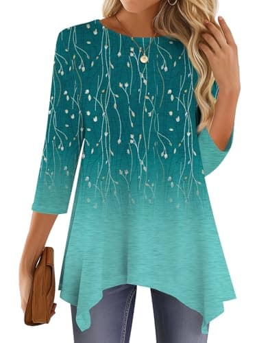 JUSTFASHIONNOW Women's Fall Tops 3/4 Sleeve Dressy Casual Plus Size Tunic Tops to Wear with Leggings Maternity Floral Shirts Loose Blouses（Gradient green，X-Large - Thumbnail 2