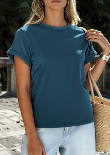 PRETTYGARDEN Womens Summer Tops 2026 Spring Casual Rolled Short Sleeve Basic Tees Crew Neck Work Shirts Fashion Clothing (Dark Blue,X-Large) - Thumbnail 6