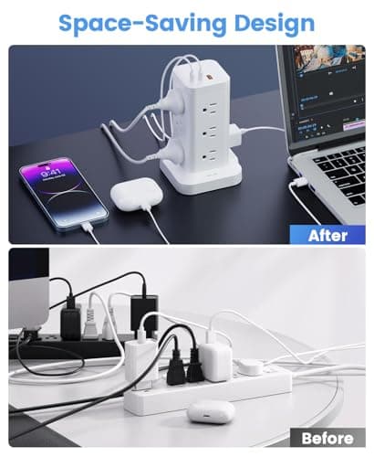Tagzilo 15-in-1 Power Strip Tower with Surge Protector 1800J, Fast Charging Tower PD20W USB-C Ports with 12 AC Outlets, 15ft Extension Cord for Home Office Dorm Room, White - Thumbnail 6