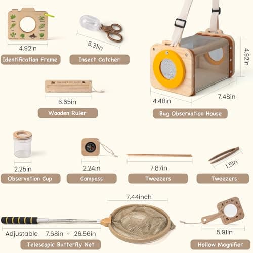 Wooden Bug Catcher Kit for Kids 3-8, 10PCS Outdoor Explorer Set with Bug House, Butterfly Net, Magnifier & Tools, Catch & Release STEM Nature Kit, Non-Plastic Educational Gift for Boys & Girls - Thumbnail 3