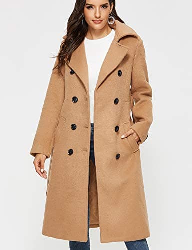 Escalier Womens Wool Coat Double Breasted Pea Coat Winter Long Trench Coat with Belt Camel L - Thumbnail 3