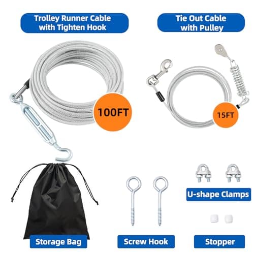 LUFFWELL 100FT Dog Runner for Yard with 15FT Tie Out Cable - Heavy Duty Trolley System for Large Dogs Up to 250LBS, Backyard/Park/Camping Use (Silver, 100FT+15FT) - Thumbnail 2