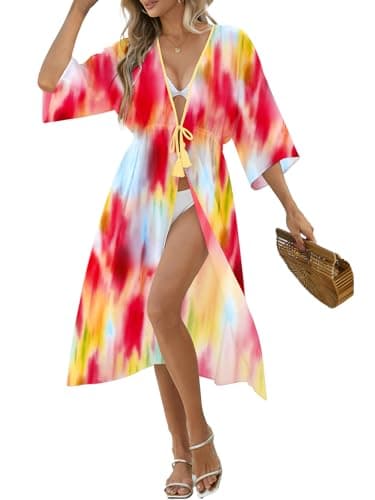 Womens Swimsuit Coverup Casual 3/4 Sleeve Cardigans Swimsuit Summer Beach Cover Ups with Tropical Prints - Image 1