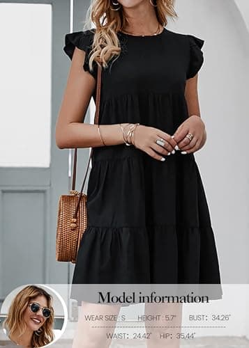 KIRUNDO Womens Dresses Summer Casual Sleeveless Ruffle Sleeve Round Neck Black Loose Short Flowy Pleated Mini Babydoll Dress(Black, Medium) - Thumbnail 4
