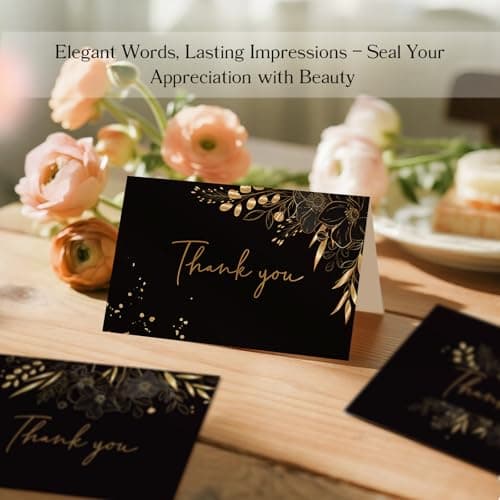 Oaken Leaford 108 Pack Pre-Folded Floral Thank You Cards with Envelopes & Stickers, 6 Elegant Designs for Wedding, Baby Shower, Bridal Shower, Teacher Gifts (Black Gold) - Thumbnail 3