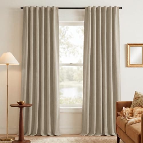 NICETOWN Scratch-Proof 100% Blackout Beige Curtains for Living Room, High-Density Linen Blend Window Treatments Rod Pocket & Back Tab Thermal Drapes for Nightshift, W52 x L84, 2 Panels