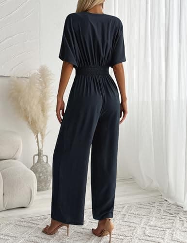 LOOKBOOK Womens Jumpsuit V Neck Batwing Sleeve Belted High Waist Wide Leg Romper with Pockets Casual One Piece Outfits Navy M - Thumbnail 3