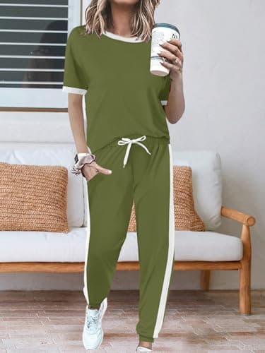 KBKBSN Women 2 Piece Outfits 2026 Summer Casual Sweatsuits Short Sleeve Top Lounge Sets Long Pants Tracksuits Set with Pocket Armygreen S - Thumbnail 2