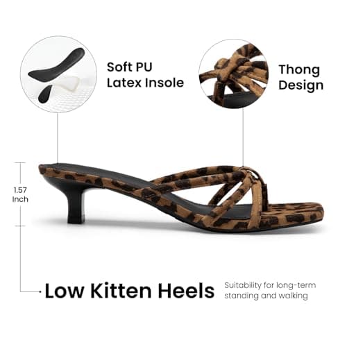 Athlefit Women's Strappy Kitten Heels Square Toe Flip Flop Short Low Heels Slip On Fashion Summer Leopard Heeled Sandals Size 8.5 - Thumbnail 4