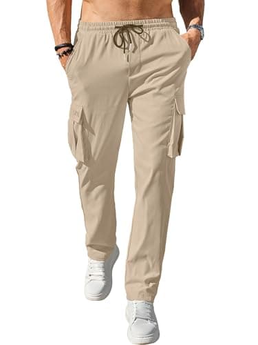 Comdecevis Men's Casual Cargo Pants Workout Joggers Stretch Sweatpants Hiking Drawstring Tactical Pants with Multi Pockets Light Khaki - Thumbnail 2
