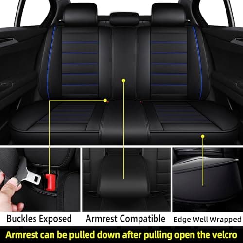 CAPITAUTO Seat Covers, Car Seat Covers Full Set, Black Car Seat Cover, Car Seat Covers Front Seats Back Seat Cover, Waterproof Faux Leather Seat Covers Fit for Most Cars Trucks SUV(Black&Blue) - Thumbnail 4
