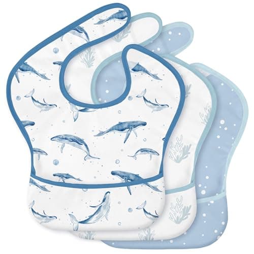 CIVARUA KIDS 3-Pack Waterproof Baby Bibs for Eating - Mess Proof Lightweight Toddler Feeding Bibs with Large Food Catcher, Food-Grade Baby Eating Essentials, Easy to Put On & Clean(Blue Ocean Whale) - Image 1