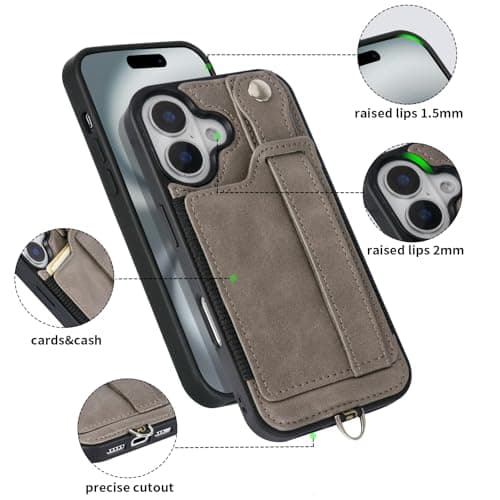 TOOVREN Wallet Case for iPhone 16 Plus Case with Card Holder Kickstand Adjustable Fits iPhone 16 Plus Wallet Case with Neck Strap Lanyard Leather for Women & Men 6.7 Inch Gray - Thumbnail 3