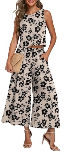 Lepunuo Women's Summer Two Piece Outfits Sleeveless Crop Top Casual Wide Leg Pants Vacation Beach Travel Outfits - Image 1