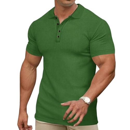Gnvviwl Men's Casual Polo Shirts Classic Button Basic Short Sleeve Waffle Solid Fit Golf Tees Stylish Tops Green - Thumbnail 3