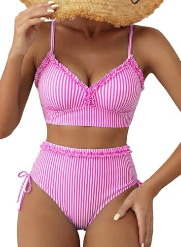 Herseas Women's Splice Ruffle Trim Padded Stretchy Bikini Sets Lace Up Side Ruched Swimsuits Moderate Coverage Bathing Suits Pink Stripes Flattering Trendy Swimming Pool Outfits Large - Image 1