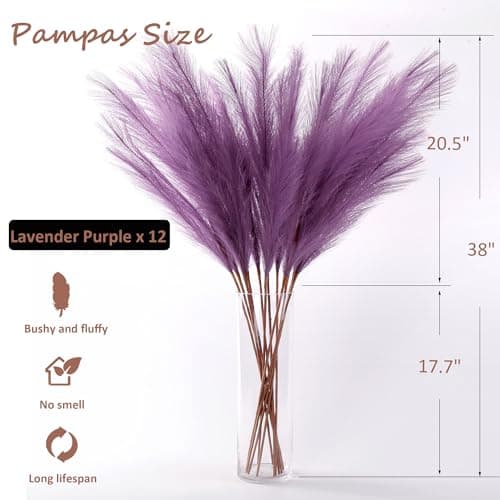 Acfruits 12 Pcs Lavender Purple Faux Pampas Grass Decor 38"/3.1FT Tall Fake Pompas Floral Large Artificial Pompous Grass Branches Plants for Floor Vase Filler Home Boho Decoration - Thumbnail 3