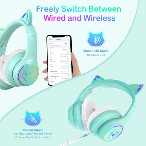 LOBKIN Bluetooth 5.4 Kids Headphones with Case - RGB LED Light Up Cat Ears Foldable Adjustable Over Ear Headphone Support Wireless or 3.5mm Wired Mode for Toddler & Girls & Boys Teens - Thumbnail 3