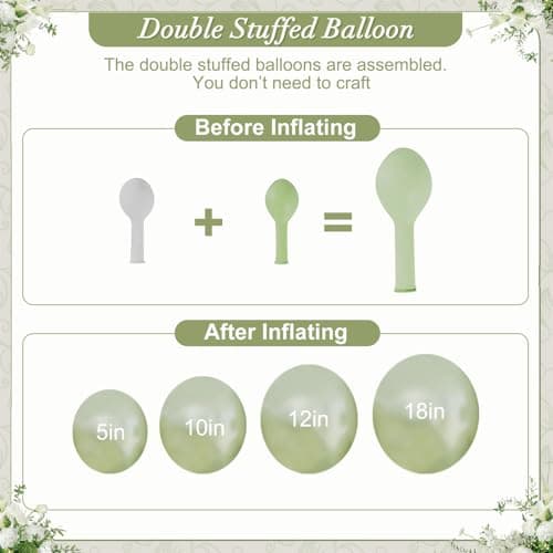 Sage Green Balloon Arch Kit 108Pcs Double Stuffed Pearl Green Sage Green Sand White Clear Balloons for Bridal Shower Baby Shower Birthday Wedding Engagement Party Decorations - Thumbnail 6