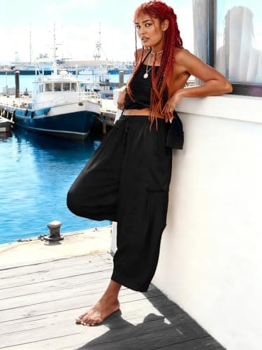 COCOMARTS Womens Linen Wide Leg Palazzo Pants Casual Loose Elastic Drawstring Flowy Pant 2025 Fall Travel Baggy Harem Pants with Pocket Black X-Small - Thumbnail 6