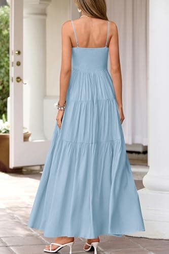 Okiwam Women's Summer Dress 2026 Casual Boho Sleeveless Spaghetti Strap Smocked Maxi Dress Ruffle Long Beach Sundresses-XL Blue - Thumbnail 3