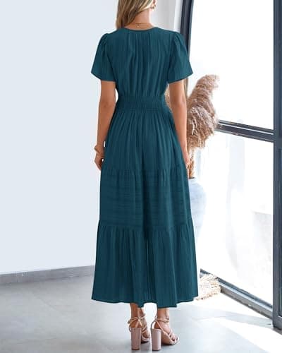 BTFBM Womens Summer 2026 Casual Midi Maxi Dresses Lightweight Short Sleeve V Neck Elastic Waist Boho Beach Dress Pockets(Lake Blue, XX-Large) - Thumbnail 3