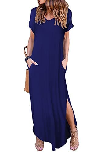Camdoria Royal Blue Maxi Dress for Women Summer Casual Short Sleeves V Neck Flowy Long Dresses Split Sundress with Pockets Medium - Image 1