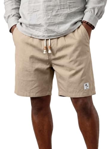 JEMLDL Mens Khaki Cotton Linen Beach Shorts 7" Drawstring Elastic Waist Casual Summer Beach Wear with Pockets Small - Image 1