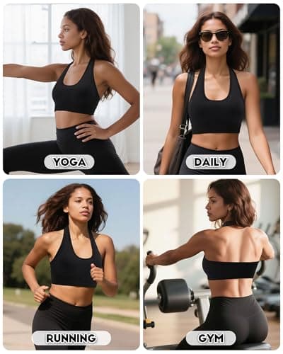 iMucci Halter Sports Bras for Women Low Impact Seamless Yoga Bra, Halter Neck Open Back Padded Removable Cups for Gym Workout Black - Thumbnail 5