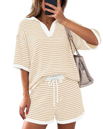 PRETTYGARDEN Women 2 Piece Lounge Sets Short Sleeve V Neck Striped Tops Drawstring Short Sets Beach Summer Outfits 2026(Striped Apricot White,X-Large)