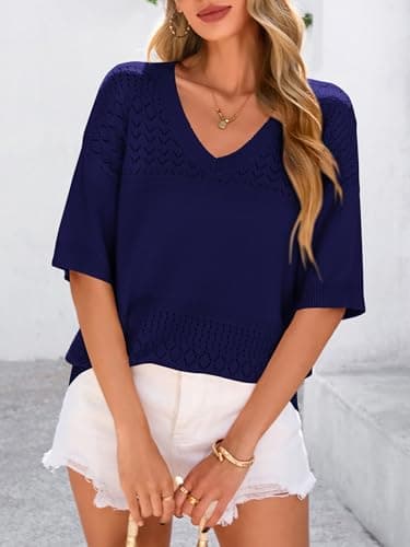 PRETTYGARDEN Women's Short Sleeve Sweater Tops 2026 Spring Summer Casual V Neck Ribbed Knit Trendy Eyelet Blouse T Shirts (Dark Royal Blue,Medium) - Thumbnail 5