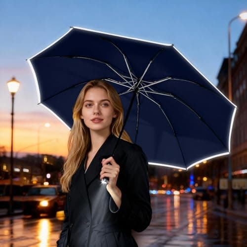 Lejorain Compact Inverted Reflective Umbrella - Automatic Folding Reverse LED Umbrella Travel Windproof Umbrellas for Rain - Thumbnail 3