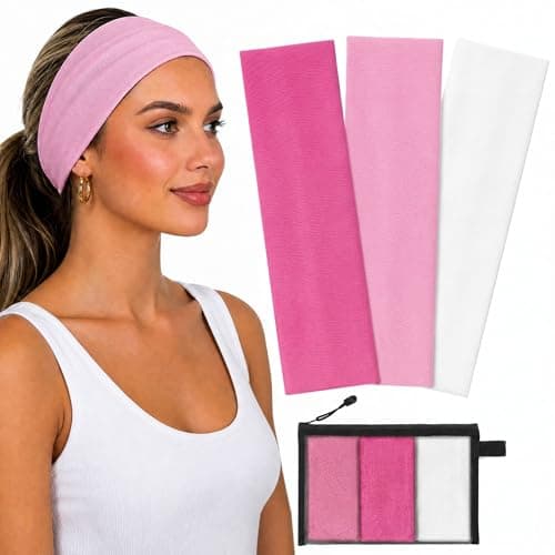 WENNKINN Headbands for Women Non Slip, Soft Cotton Elastic Cloth Hairband for Workout Gym Running Sports, Sweat Wicking Wide Headband, 3 Pack with Bag (Pink, Rose Red, White) - Image 1