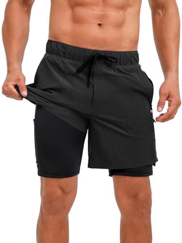 ECUPPER Mens Swim Trunks with Compression Liner 2 in 1 Board Shorts with Zipper Pockets Quick Dry Swimwear Beach Bathing Swimsuit Black S - Image 1